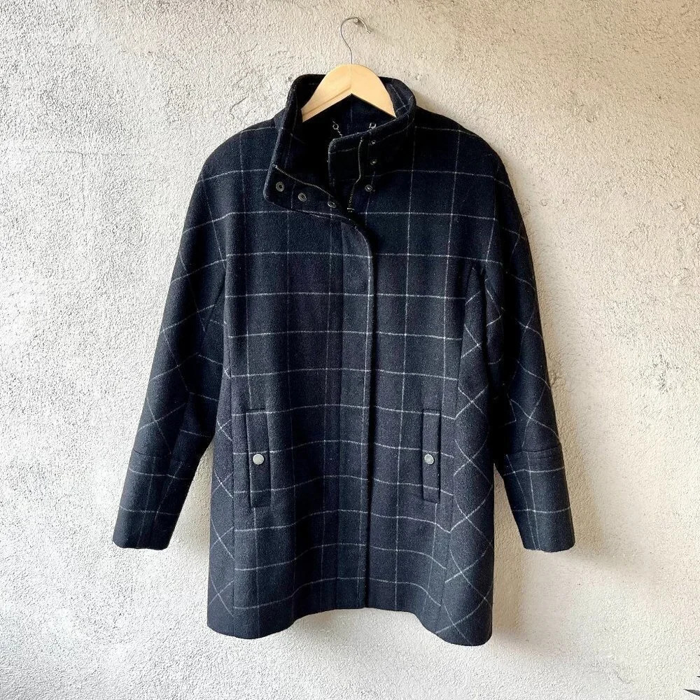 Lucky Brand Checkered Wool Blend Zip Front Coat Small